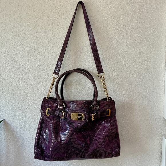 Michael Kors Hamilton Leather Purse Purple Snake Print Gold Chain - Picture 6 of 16